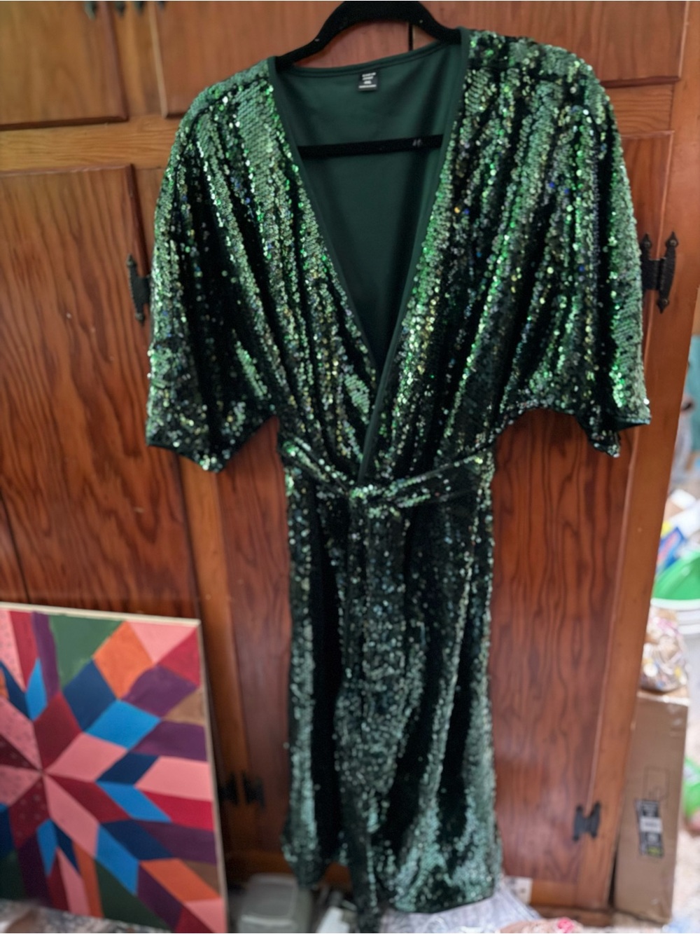 SHEIN Green Sequin Wrap Midi Dress